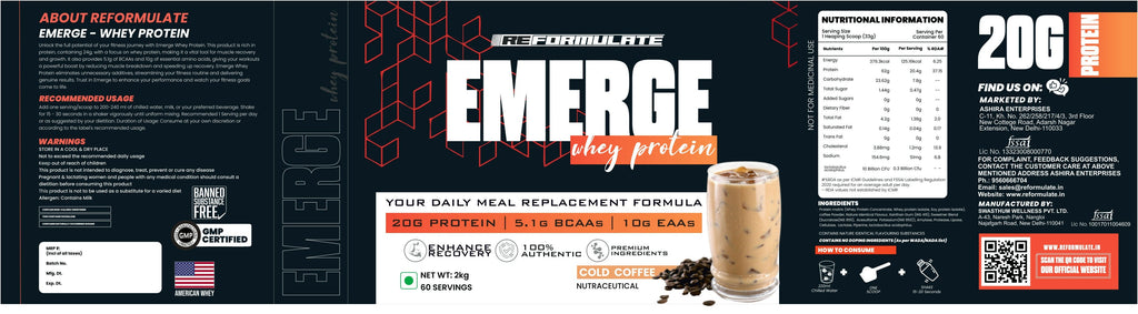 Reformulate Emerge I Whey Protein I Your Daily Meal Replacement Formula I 20 G I Protein I 5.1 G Bcaa's I 10 G Eaa's - Cold Coffee | Grocsy