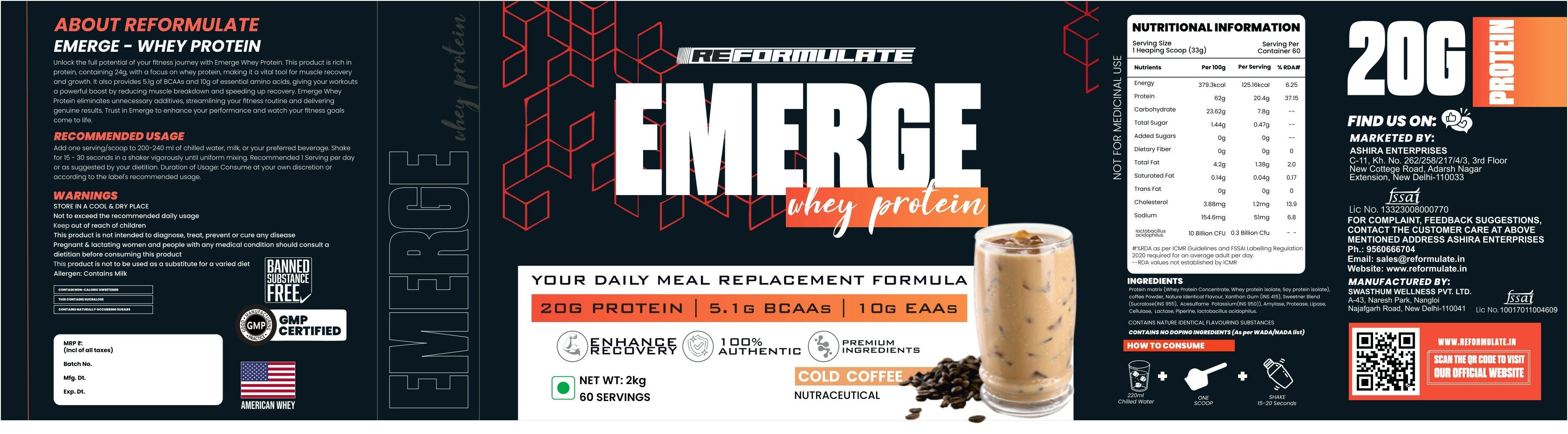 Reformulate Emerge I Whey Protein I Your Daily Meal Replacement Formula I 20 G I Protein I 5.1 G Bcaa's I 10 G Eaa's - Cold Coffee | Grocsy