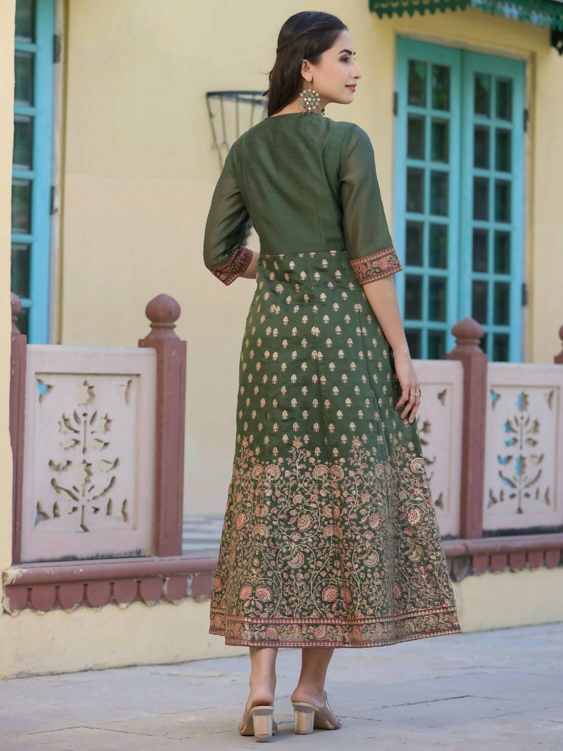 Juniper Women Olive Chanderi Printed Maxi Dress with Embroidered Yoke | Grocsy