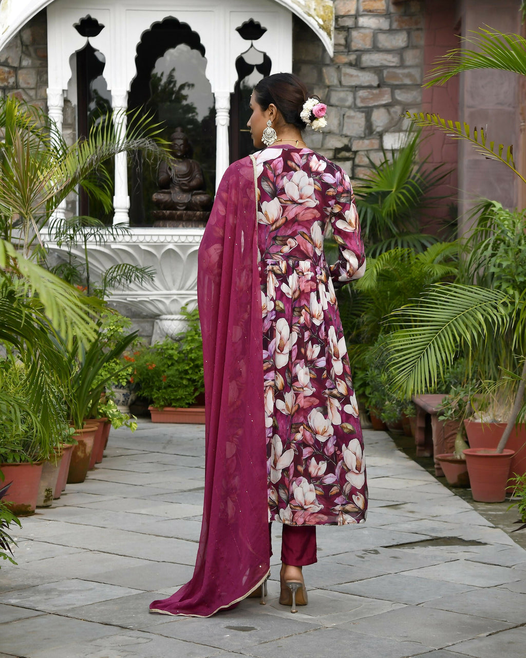 Vaasva Women's Chinon Emboidered Angrakha Anarkali Set With Solid Pant & Solid Embroidered Dupatta | Grocsy
