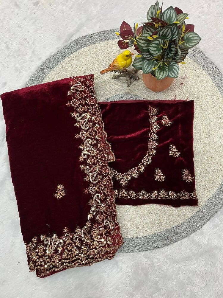 Joban Fashion Maroon 9000 Velvet Party Wear Sarees | Grocsy