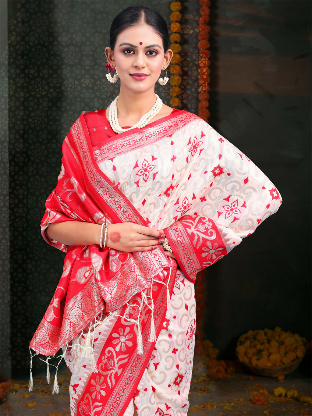 Shree Shyam Fashion Devistuti Red White Linen Cotton Saree | Grocsy