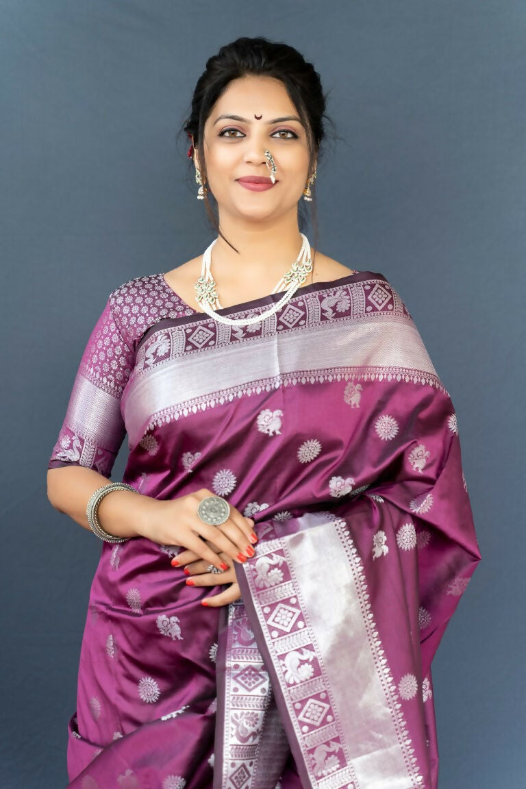 Jyoti Fashion Women's Wine Soft Banarasi Silk Zari Woven Saree with Blouse | Grocsy