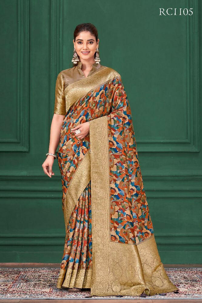 Chiku Tussar Silk Jacquard Abstract Digital Print Saree with Unstitched Blouse - Mohira | Grocsy