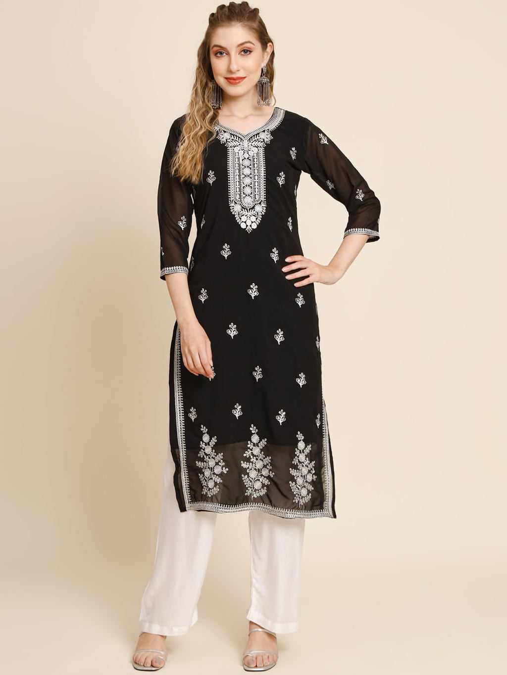 HERE&NOW Ethnic Motifs Embroidered Sequined Georgette Kurta | Grocsy