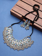 Cardinal Oxidised Silver-Toned & Blue Stones-Studded & Beaded Jewellery Set | Grocsy