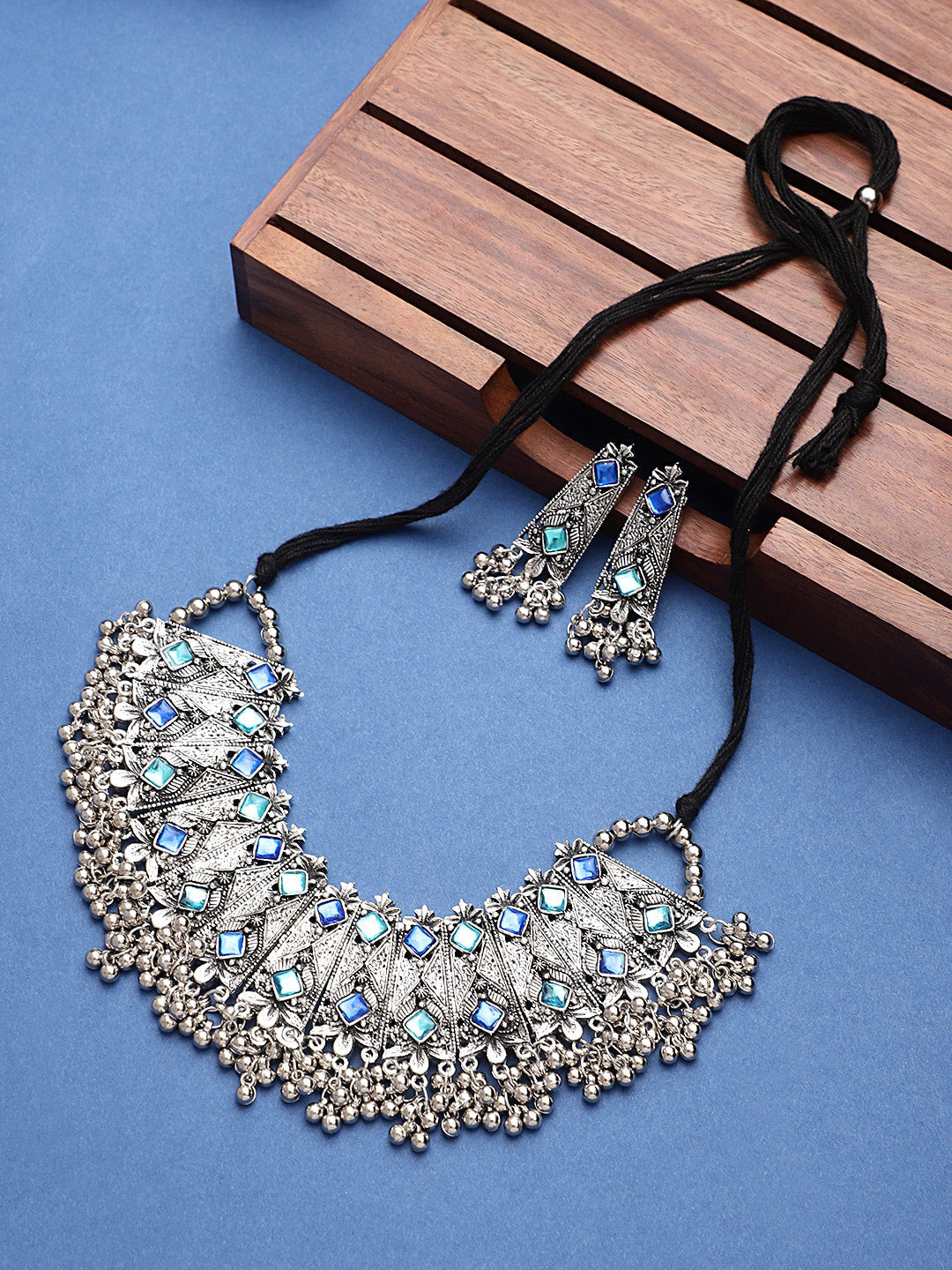 Cardinal Oxidised Silver-Toned & Blue Stones-Studded & Beaded Jewellery Set | Grocsy