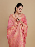 Sangria Pink Woven Design Organza Saree | Grocsy