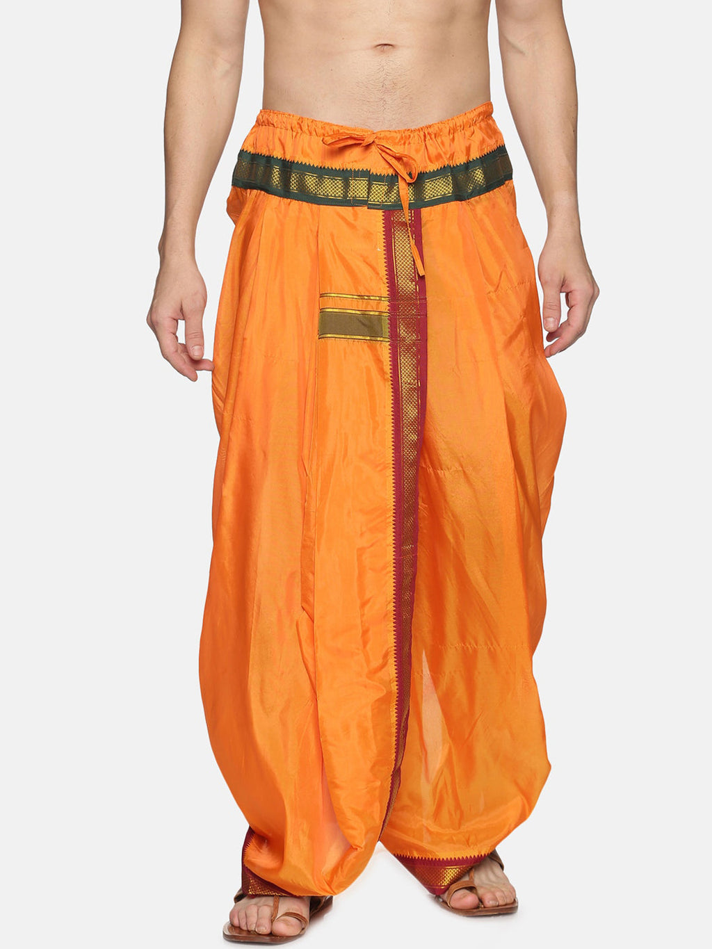 Sethukrishna Men Orange & Green Solid Readymade Dhoti Pant | Grocsy