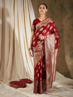 Sangria Red Ethnic Motifs Woven Design Zari Banarasi Saree | Grocsy