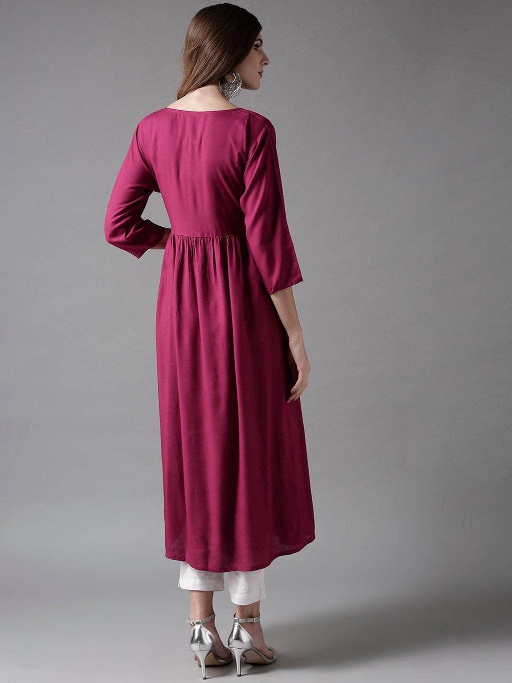 HERE&NOW Embroidered Wine Viscose Kurta | Grocsy
