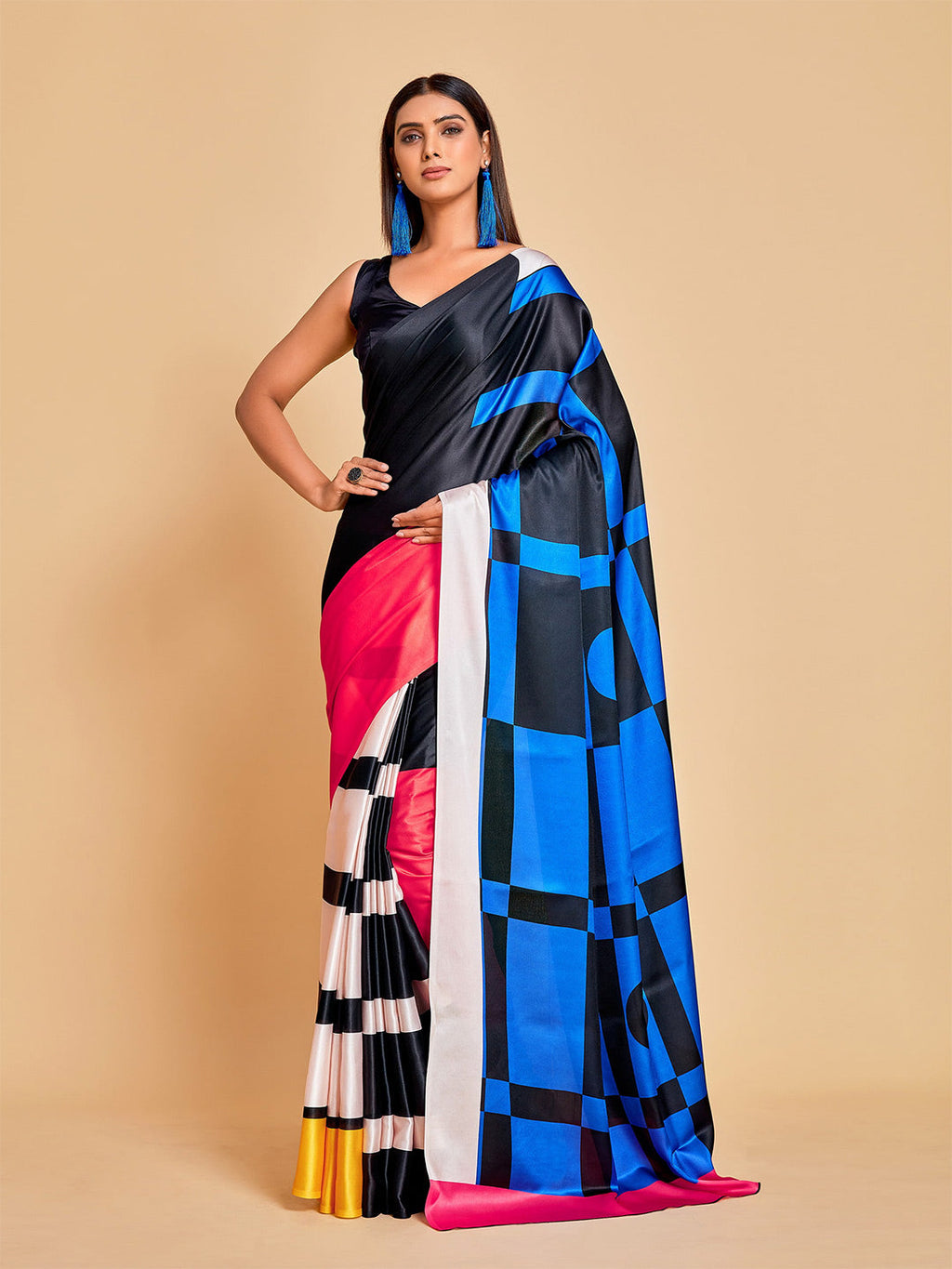 Sangria Blue & Black Striped Satin Ready to Wear Saree | Grocsy