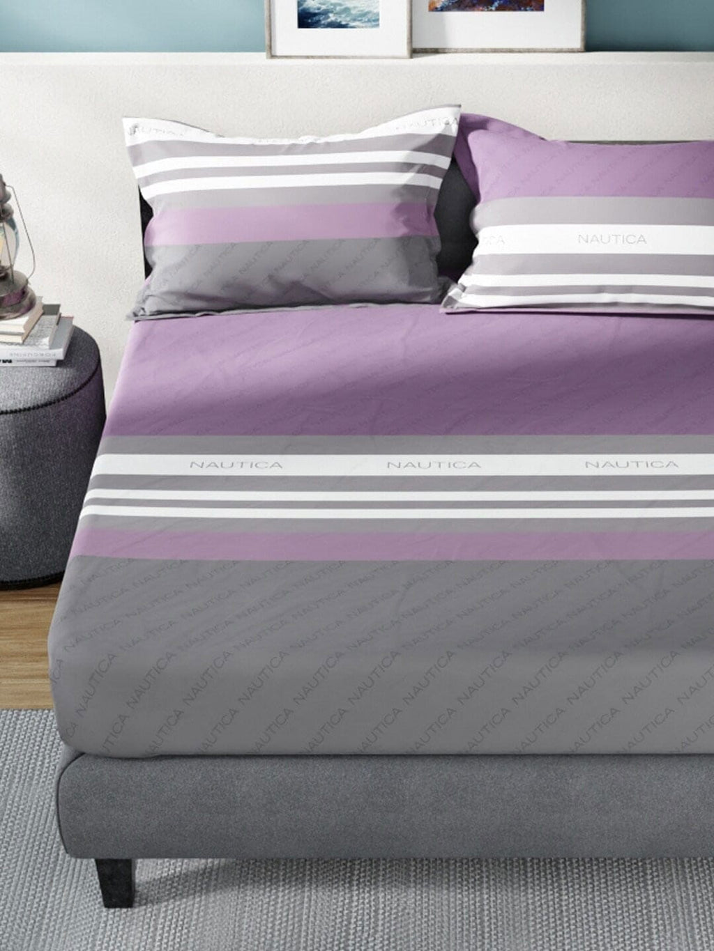 Nautica Bradford Purple & Grey Striped 160 TC Pure Cotton King Bedsheet & 2 Pillow Covers | Grocsy