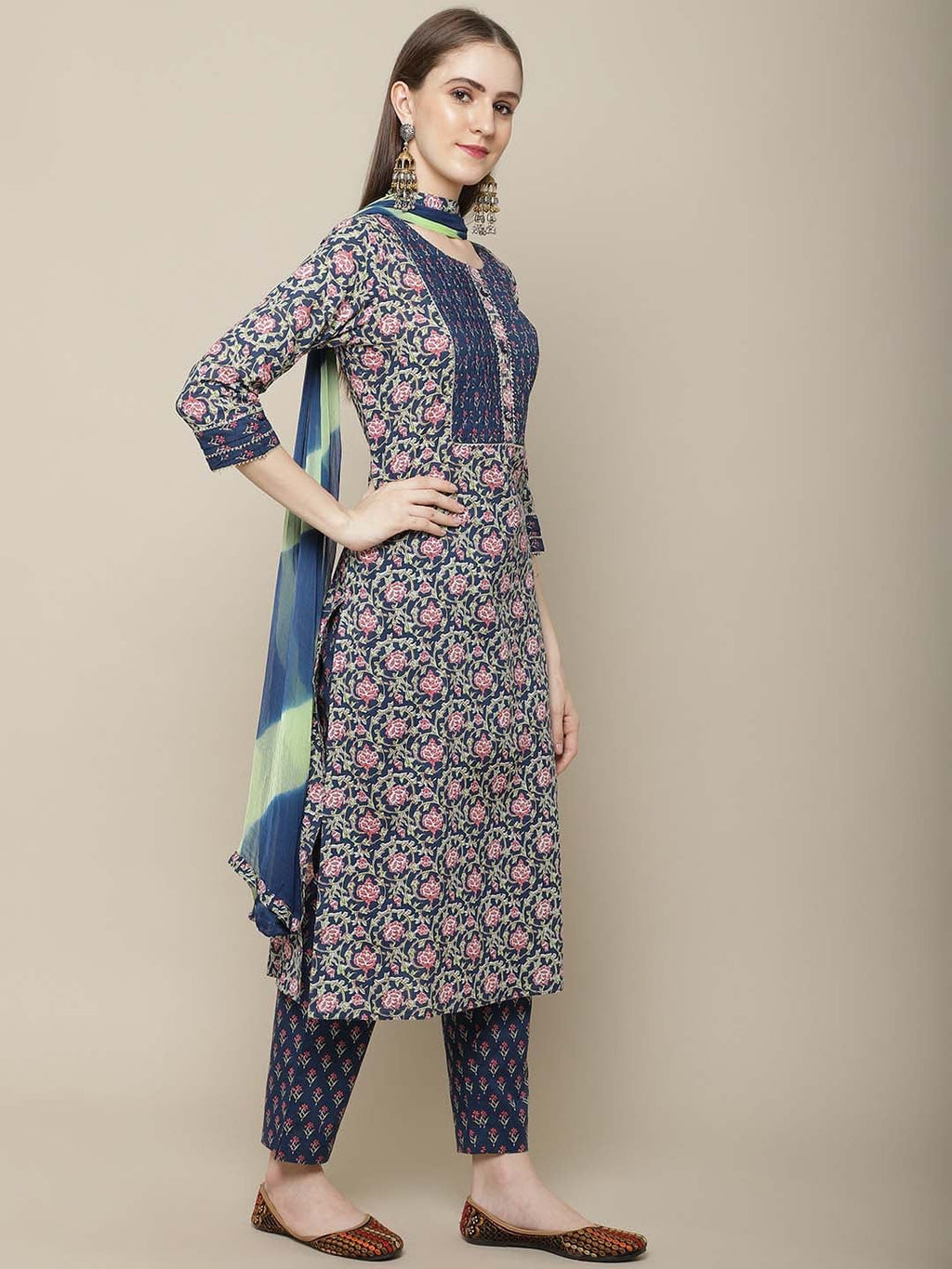 Sangria Women Navy Blue Floral Printed Pure Cotton Kurti with Trousers & With Dupatta | Grocsy