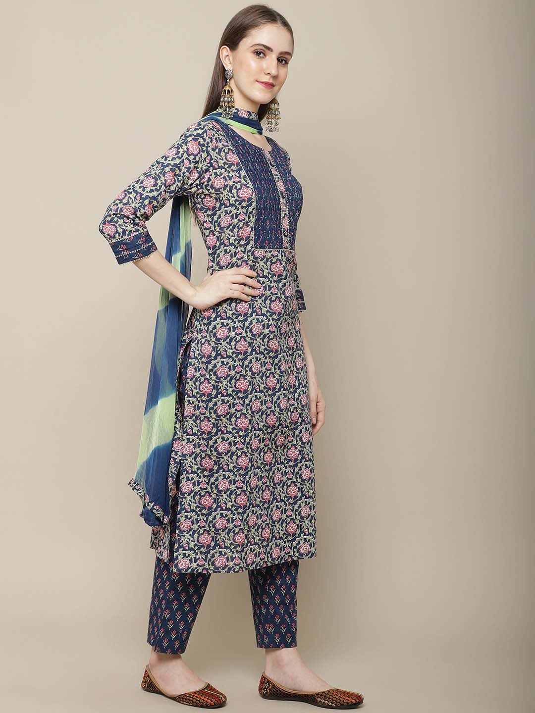 Sangria Women Navy Blue Floral Printed Pure Cotton Kurti with Trousers & With Dupatta | Grocsy