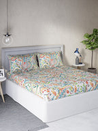 DDecor White & Turquoise Blue Motifs 140 TC Cotton Queen Bedsheet with 2 Pillow Covers | Grocsy