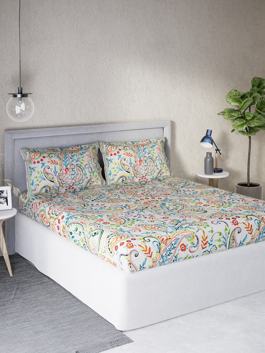 DDecor White & Turquoise Blue Motifs 140 TC Cotton Queen Bedsheet with 2 Pillow Covers | Grocsy