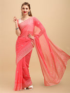 Sangria Rose & Gold-Toned Floral Chikankari Silk Blend Saree | Grocsy