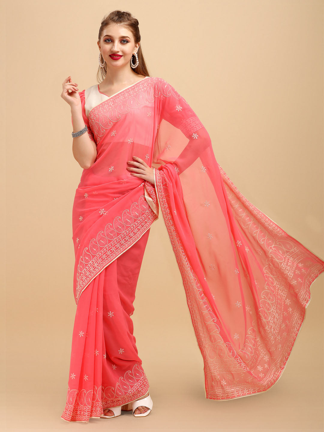 Sangria Rose & Gold-Toned Floral Chikankari Silk Blend Saree | Grocsy