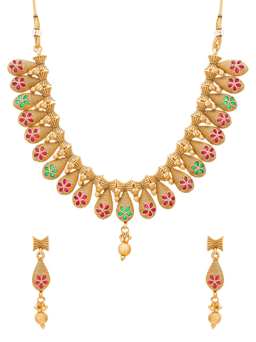 Aadita Gold-Polished Temple Choker Ruby Jewellery Set | Grocsy