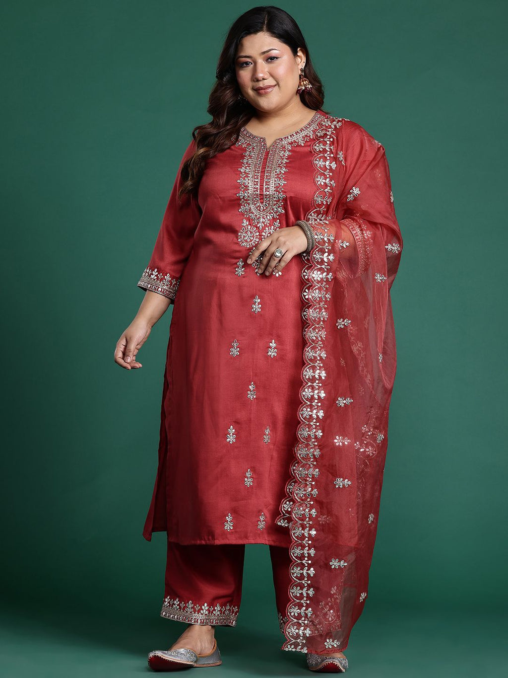 Indo Era Plus Size Ethnic Motifs Embroidered Gotta Patti Kurta Set | Grocsy