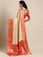Saree Mall Off White & Red Woven Design Zari Silk Blend Banarasi Saree | Grocsy
