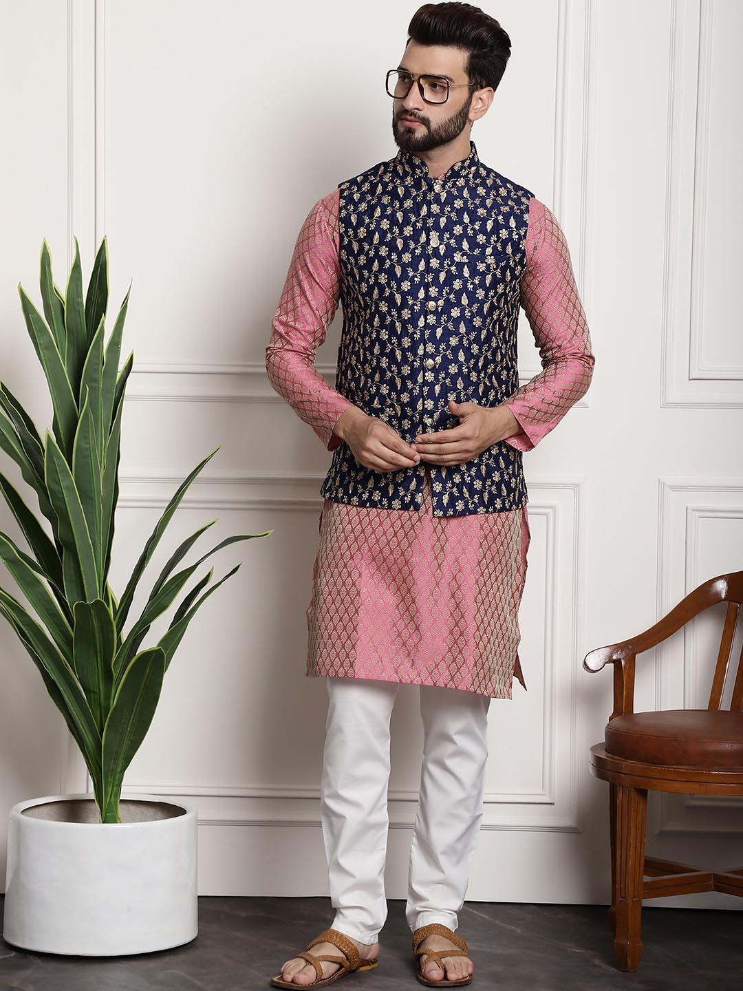 Sojanya Men Pink Ethnic Motifs Kurta with Pyjamas & Nehru Jacket | Grocsy