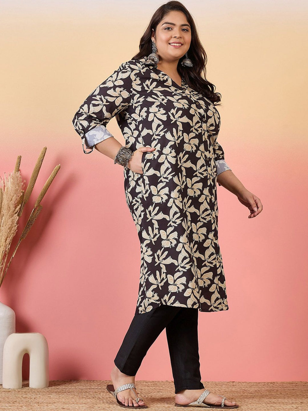 Sztori Plus Size Floral Printed Shirt Collar Roll-Up Sleeves Crepe Pathani Kurta | Grocsy
