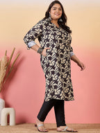 Sztori Plus Size Floral Printed Shirt Collar Roll-Up Sleeves Crepe Pathani Kurta | Grocsy