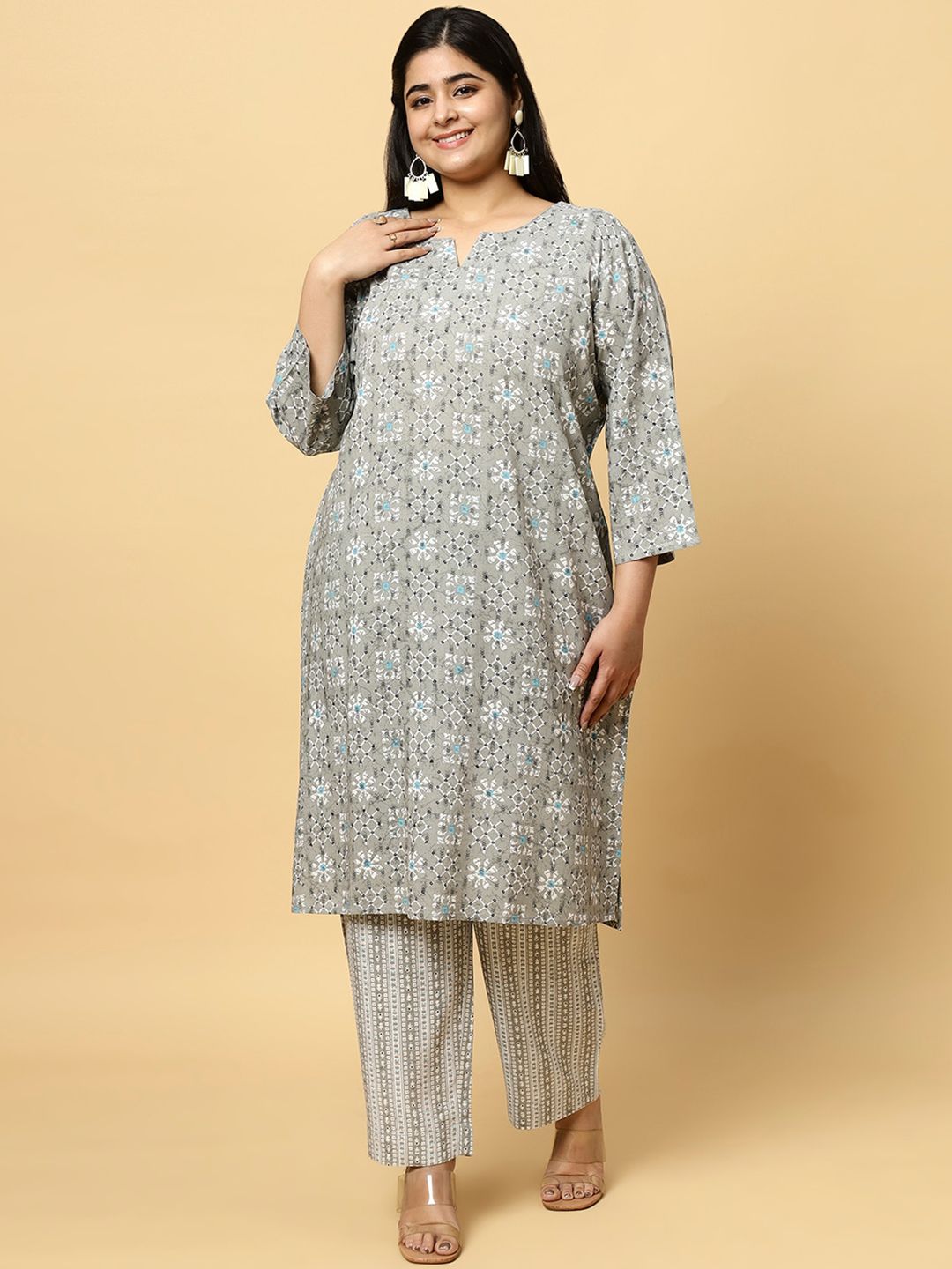 Sztori Plus Size Ethnic Motifs Printed Pure Cotton Kurta & Trouser | Grocsy