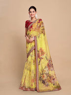 Sangria Floral Printed Embroidered Organza Saree | Grocsy