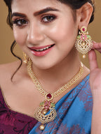 Saraf RS Jewellery Gold-Polished Green & Pink American Diamond Studded & Beaded Handcrafted Jewellery Set | Grocsy