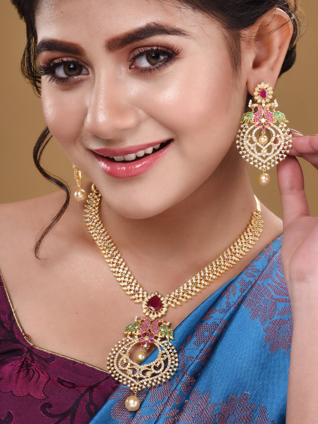 Saraf RS Jewellery Gold-Polished Green & Pink American Diamond Studded & Beaded Handcrafted Jewellery Set | Grocsy