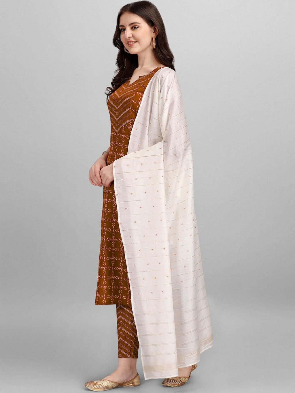 HERE&NOW Brown & White Regular Pure Cotton Kurta With Trousers & Dupatta | Grocsy