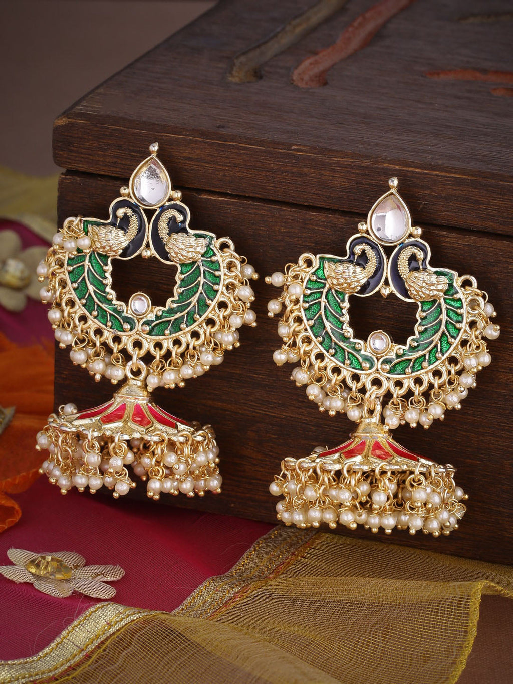 Shoshaa Gold-Polished Green Enamelled Peacock Shaped Jhumkas | Grocsy