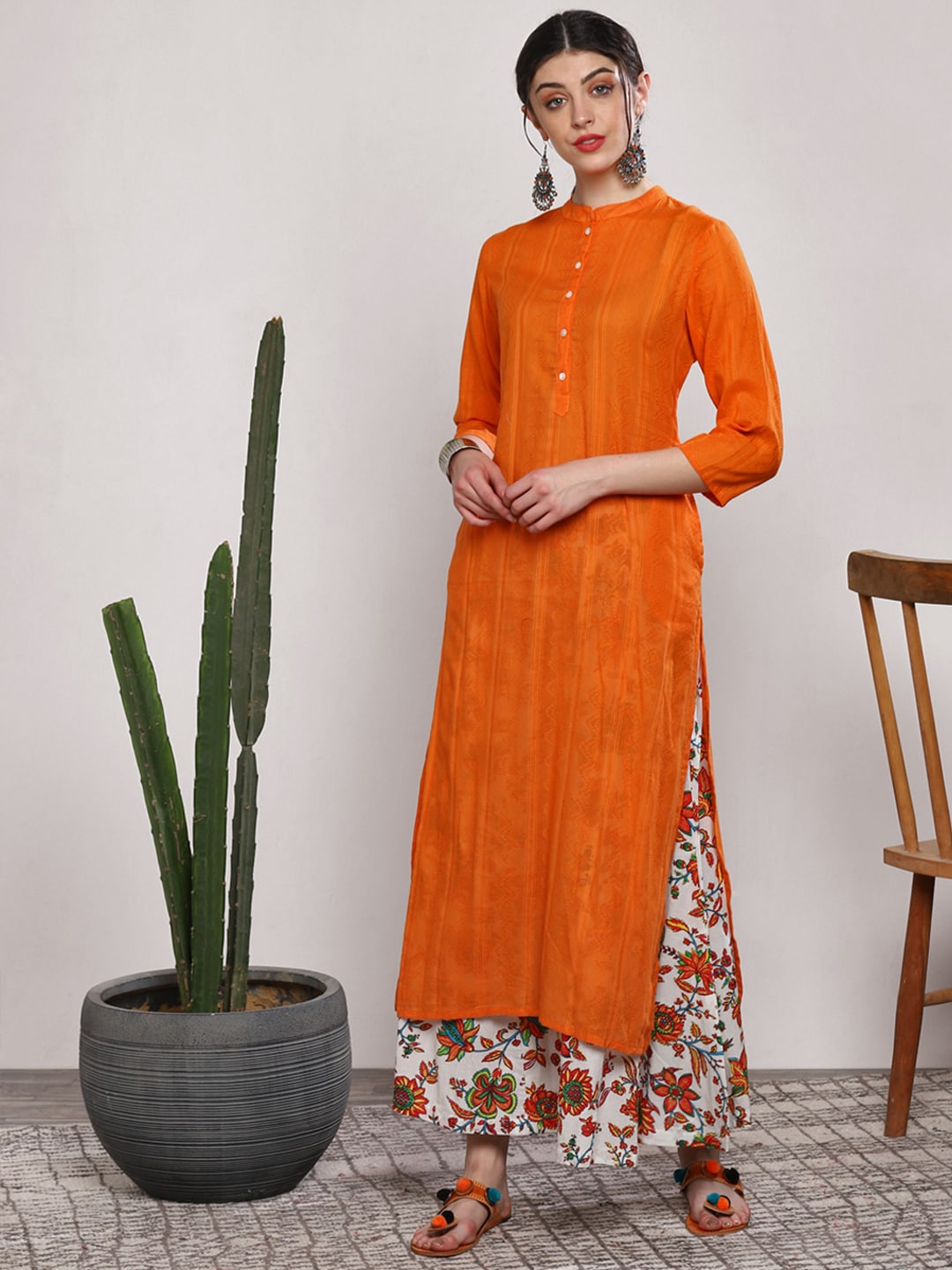 Sangria Women Orange & White Solid Kurta Set | Grocsy