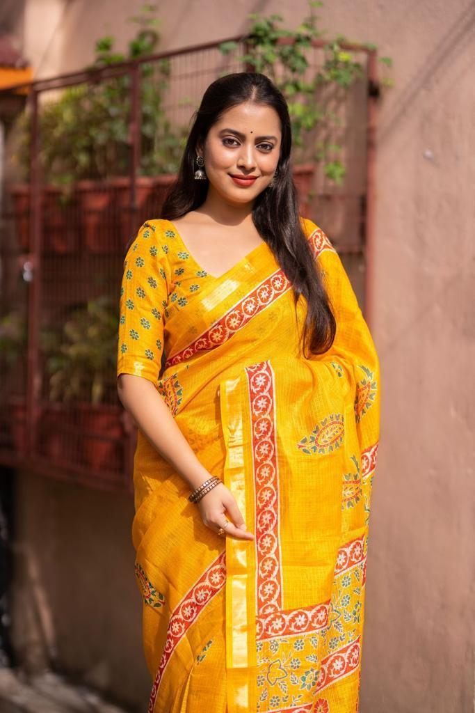 Mustard Silk Blend Geometric Saree with Unstitched Blouse - A2M | Grocsy