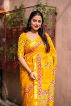 Mustard Silk Blend Geometric Saree with Unstitched Blouse - A2M | Grocsy