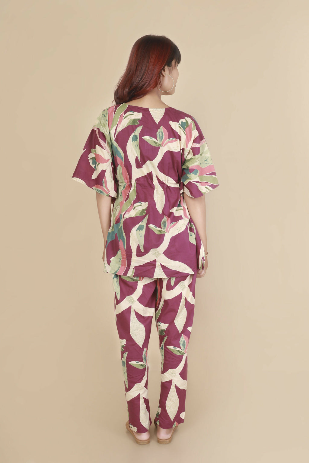 Breathables Women’S Loungewear Kaftan Cotton Wine Abstract Print Co-Ord Set | Grocsy