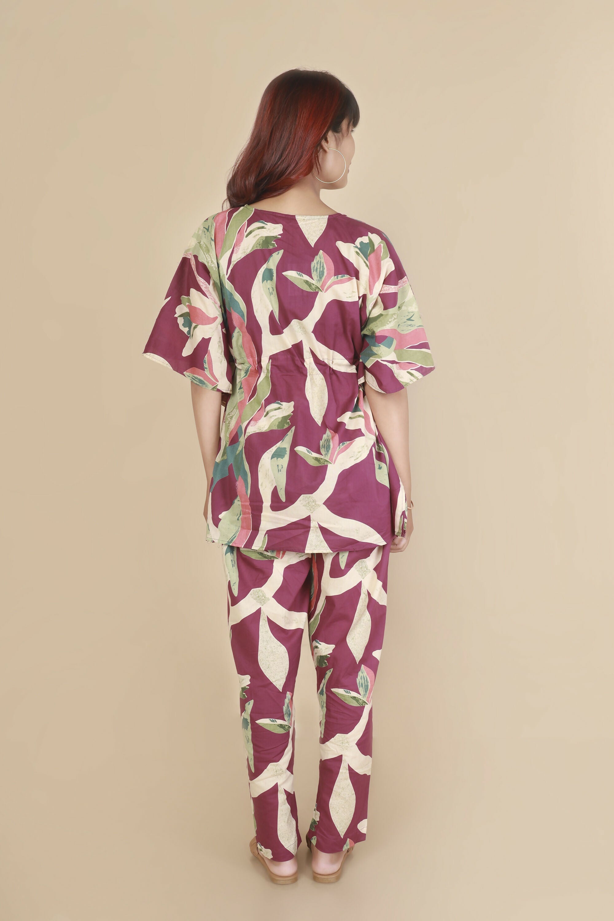 Breathables Women’S Loungewear Kaftan Cotton Wine Abstract Print Co-Ord Set | Grocsy