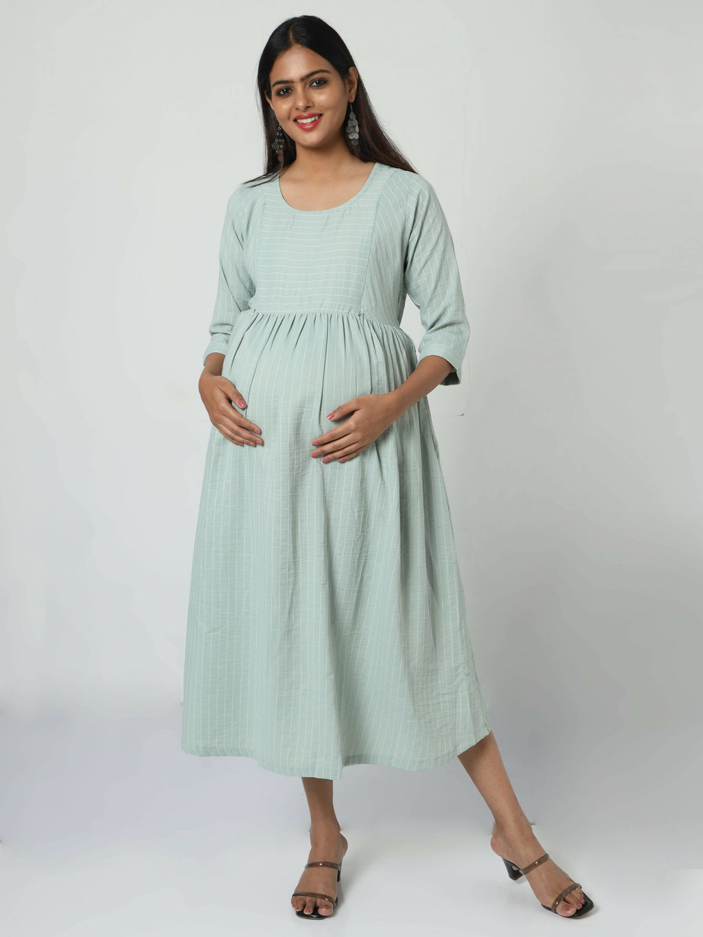 Manet Three Fourth Maternity Dress Striped With Concealed Zipper Nursing Access - Pista Green | Grocsy