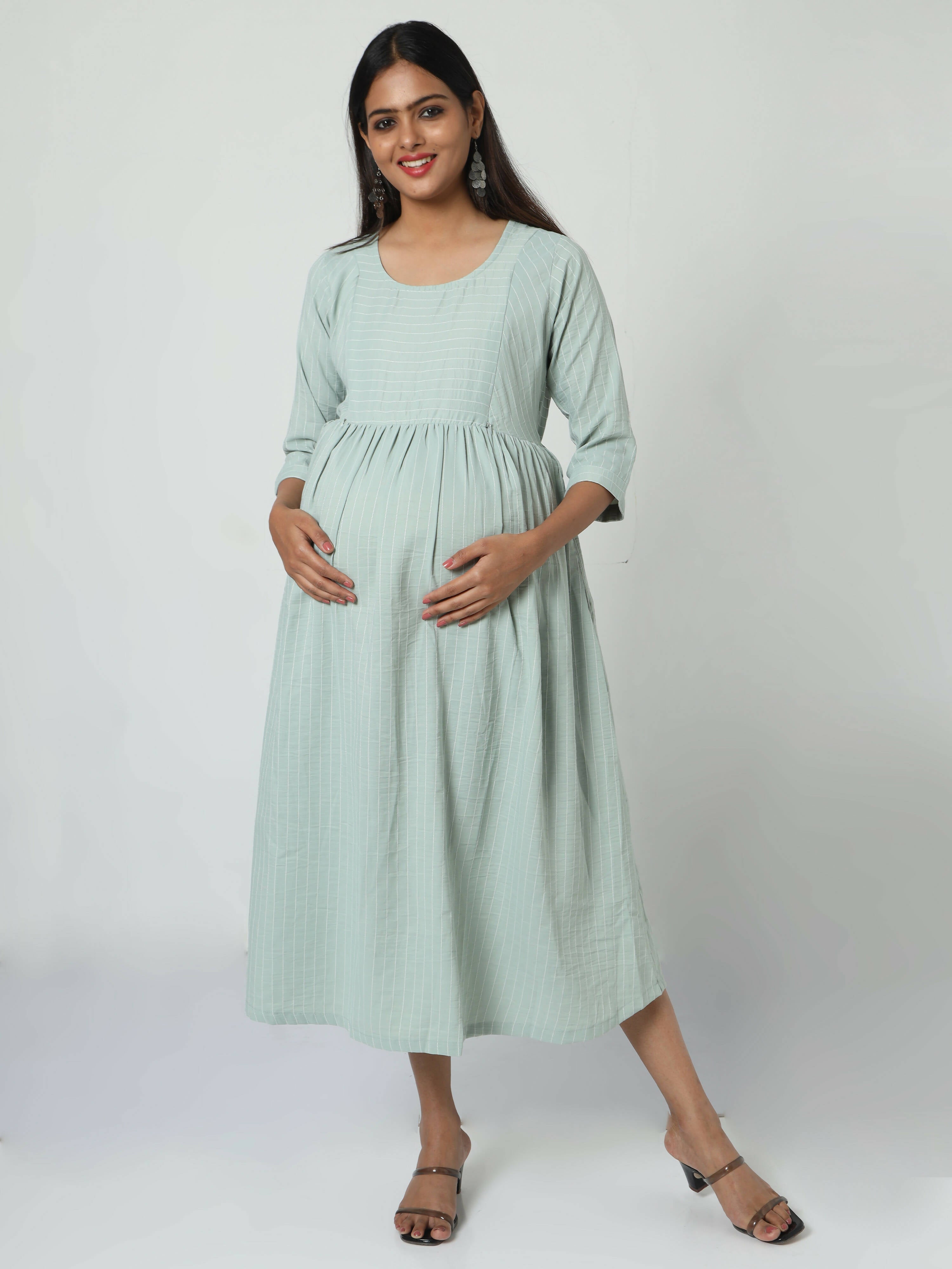 Manet Three Fourth Maternity Dress Striped With Concealed Zipper Nursing Access - Pista Green | Grocsy