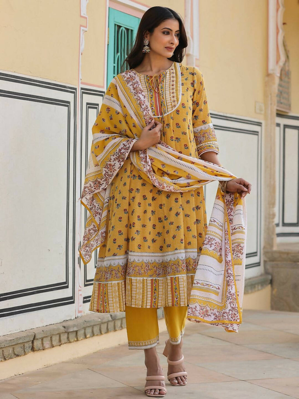Juniper Women's Mustard Cotton Voile Floral Printed Kurta With Cambric Straight Pant And Voile Duptta | Grocsy