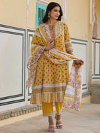 Juniper Women's Mustard Cotton Voile Floral Printed Kurta With Cambric Straight Pant And Voile Duptta | Grocsy