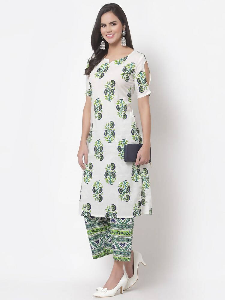 Myshka Women's White Cotton Blend Printed Half Sleeves V Neck Casual Kurta with Palazzo Set | Grocsy
