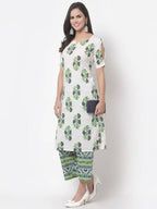Myshka Women's White Cotton Blend Printed Half Sleeves V Neck Casual Kurta with Palazzo Set | Grocsy