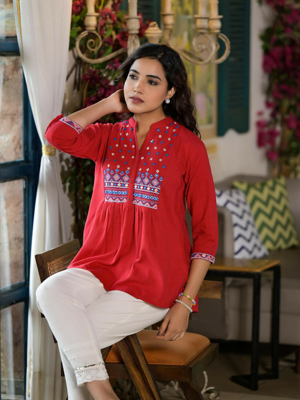 Juniper Women's Red Thread Embroidered Cotton Tunic With Mirror work & Buttons | Grocsy