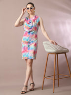 Myshka Women's Multi Printed Cowl Neck Bodycon Party Dress | Grocsy