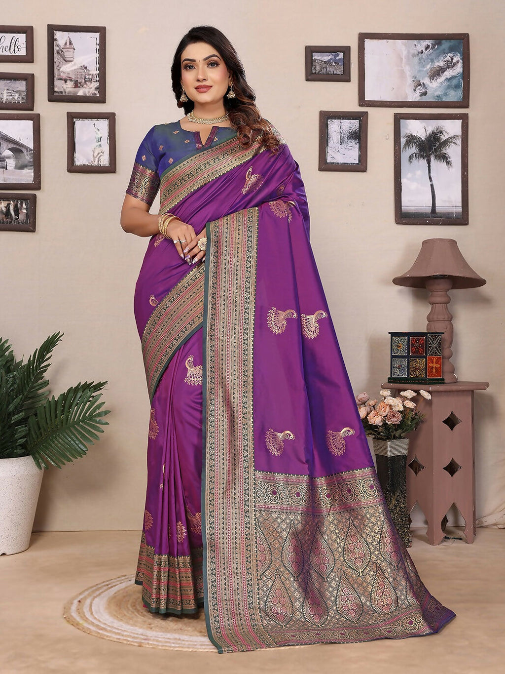 Joban Fashion Banarasi Magenta Small Butti Soft Silk Saree | Grocsy