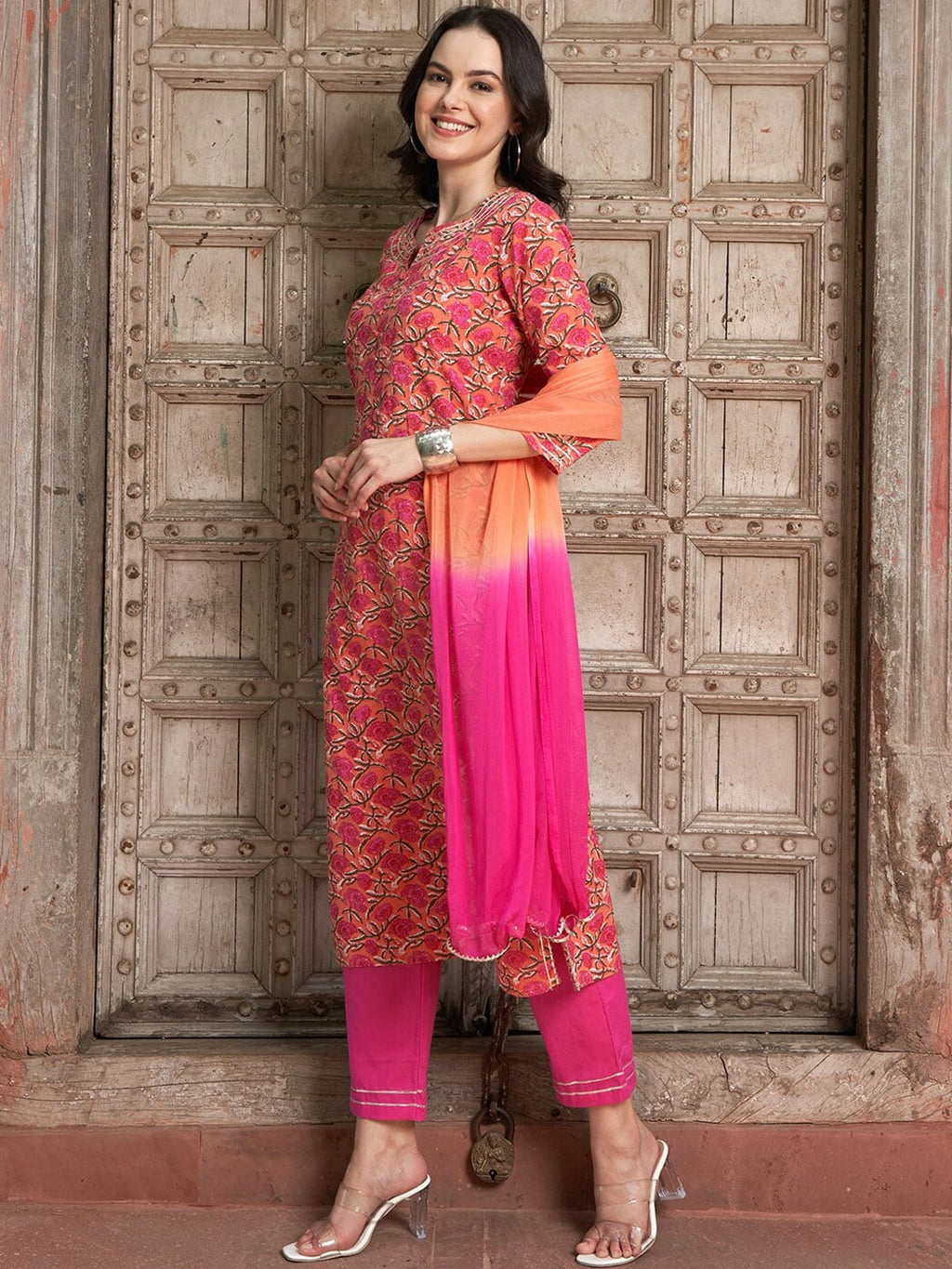 Sangria Floral Printed Gotta Patti Pure Cotton Straight Kurta with Trousers & Dupatta | Grocsy